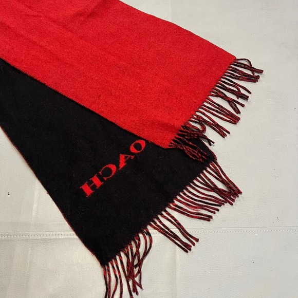 Coach Wool Cashmere Scarf Red Black Bi-Color Logo Reversible Fringe Logo Men - Picture 5 of 11